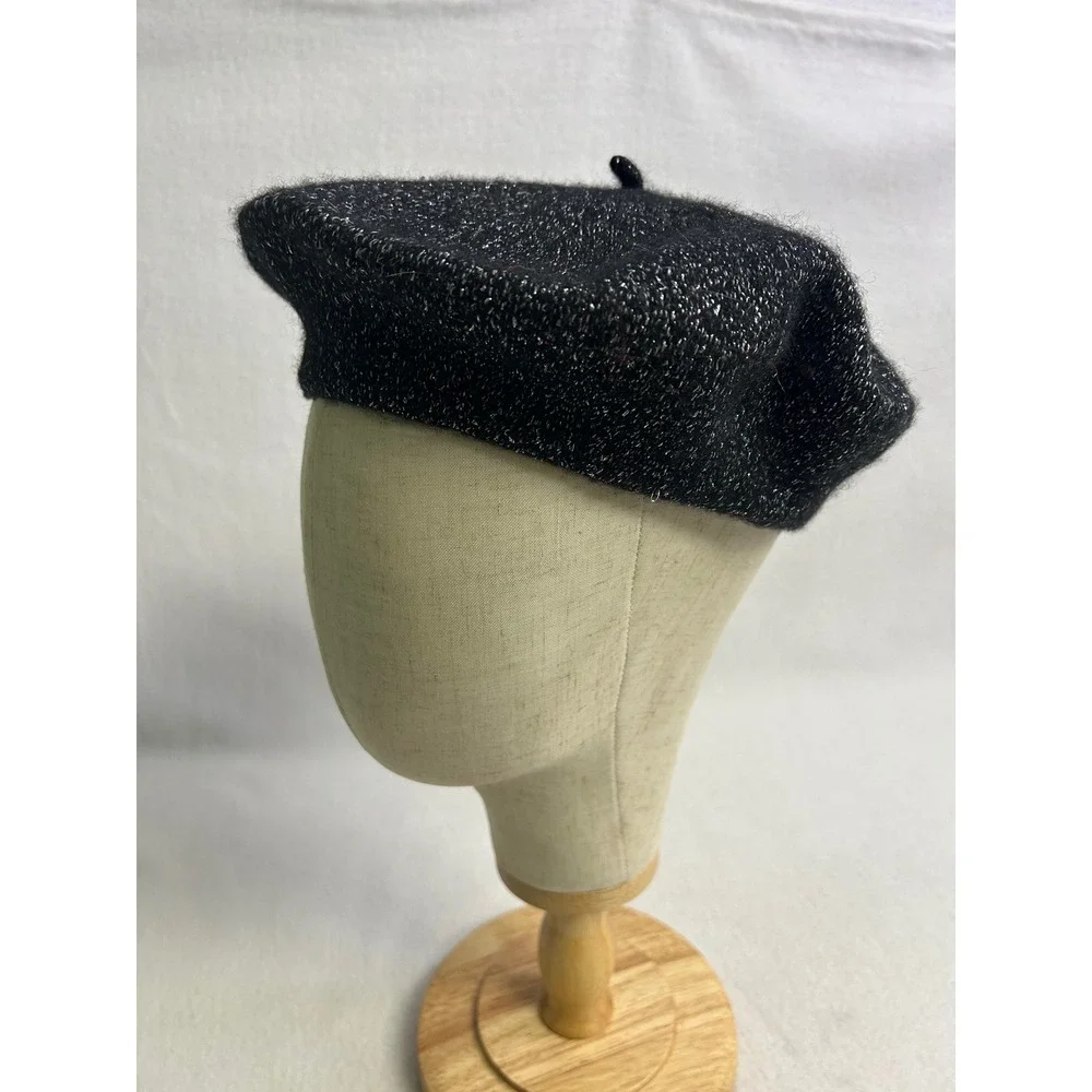 French Chic Women OS Black Silver Metallic Sparkle Wool Beret Hat
